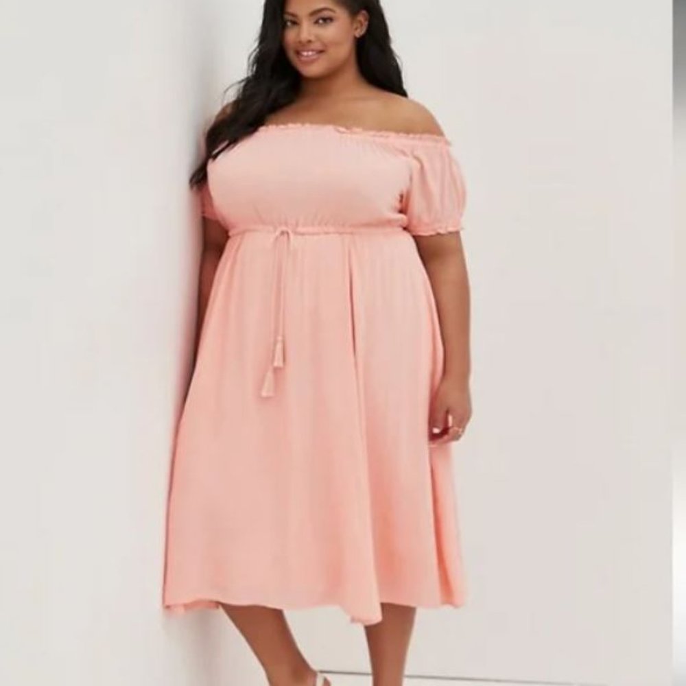 Torrid Peach Off-Shoulder Tie-Waist Midi Challis Peasant Dress Size 3x